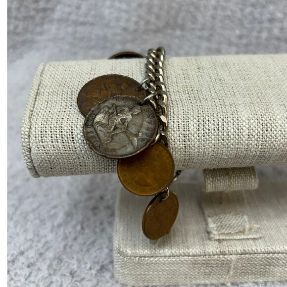 Vintage Multi National Coin Silver Tone Bracelet 6.75" #65108 - Picture 2 of 6
